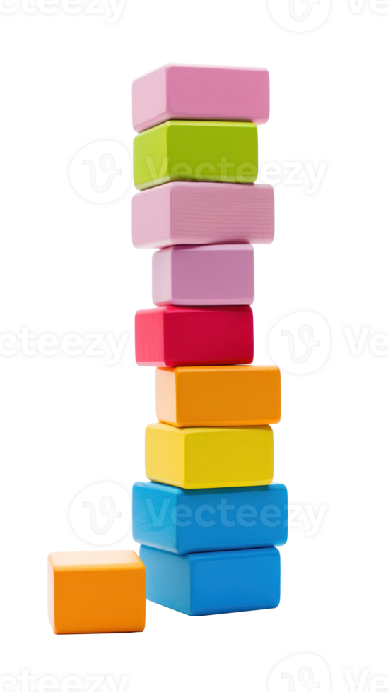 Colorful blocks stacked high in a tower, ready to topple isolated png
