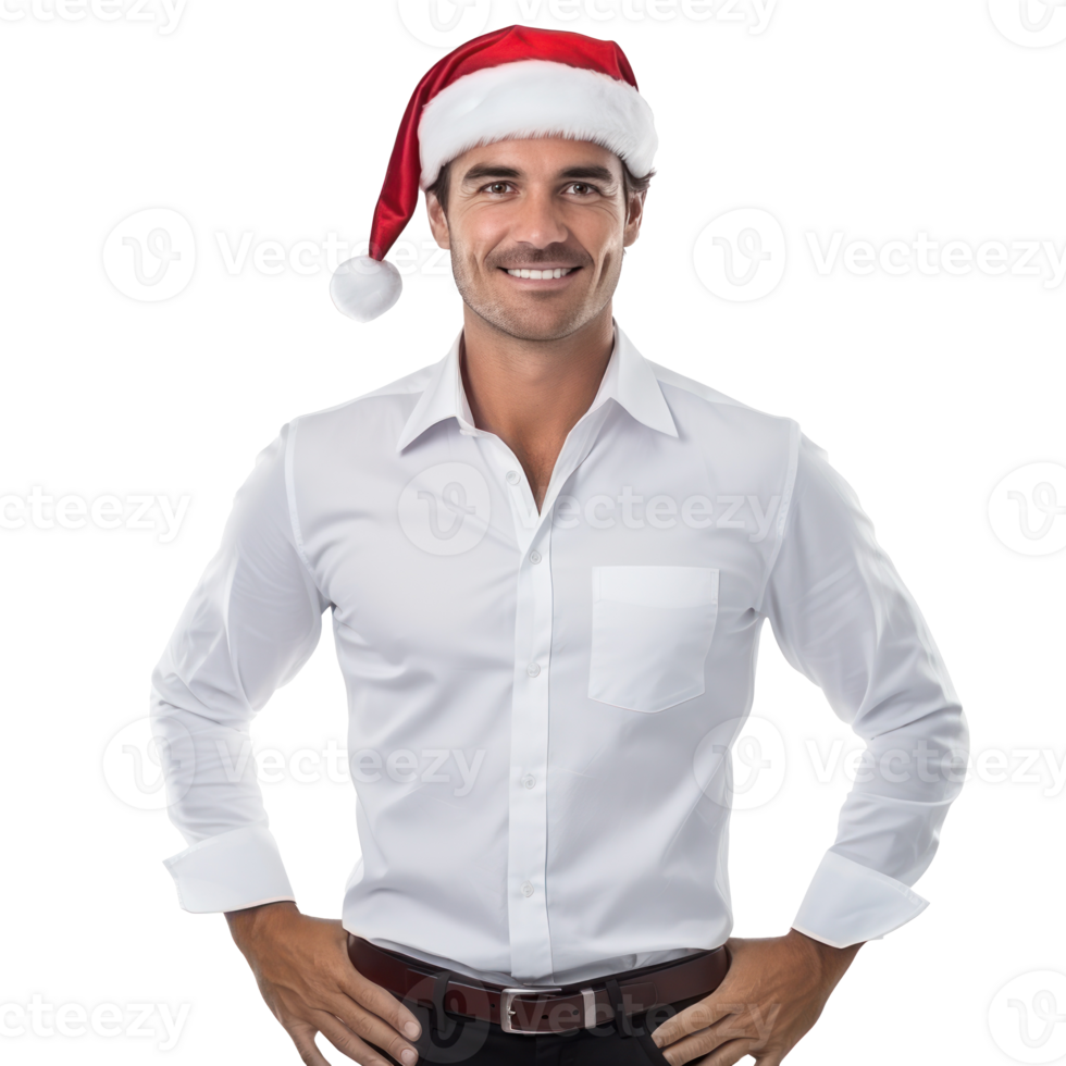 Handsome business man in white shirt and santa cap isolated png