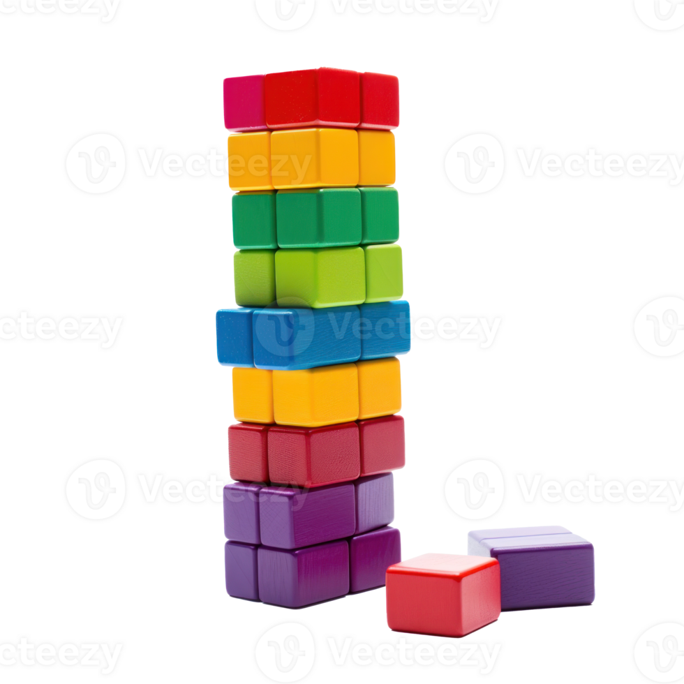 Colorful blocks stacked high in a tower, ready to topple isolated png