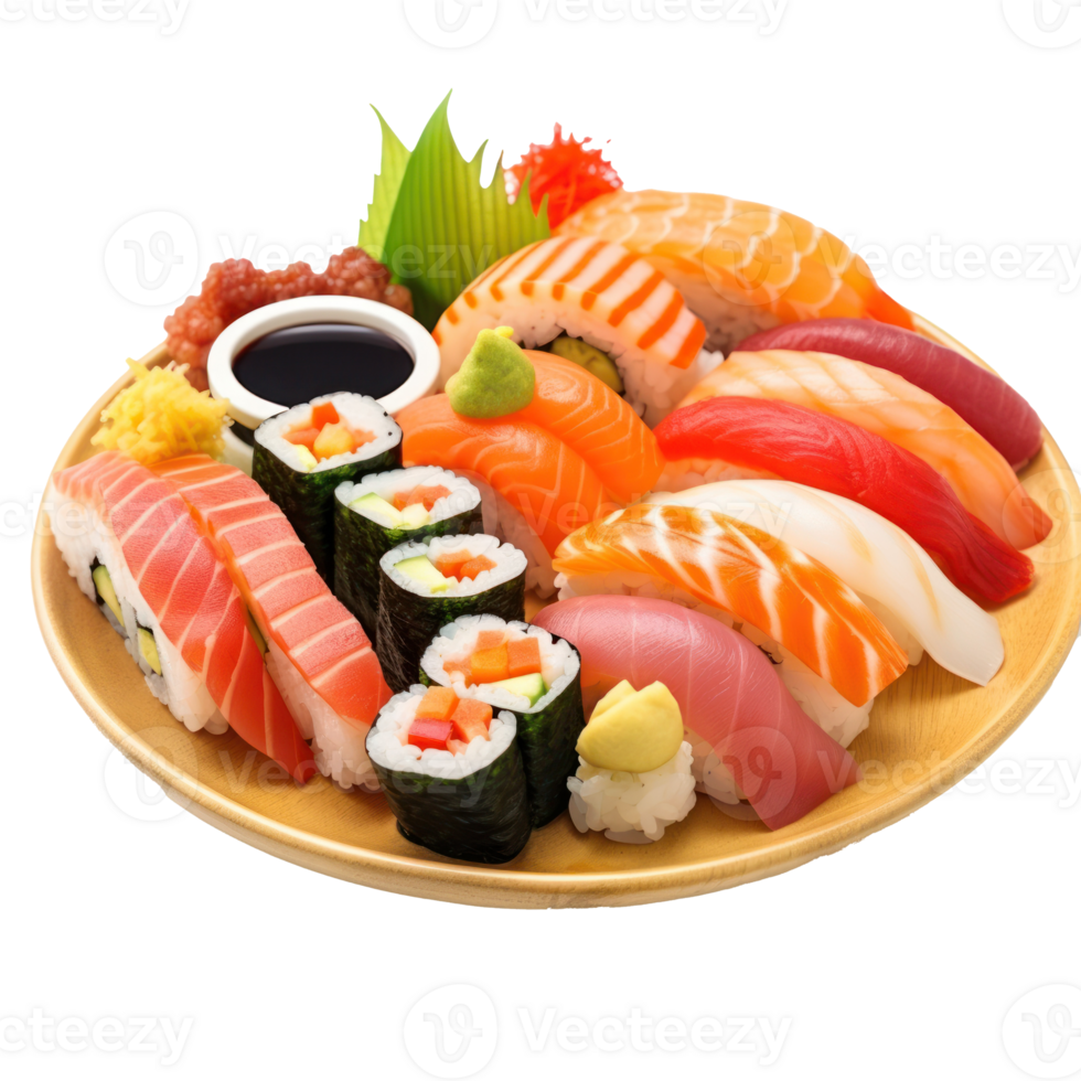 Sushi platter Assorted sushi rolls and sashimi on a platter. isolated png