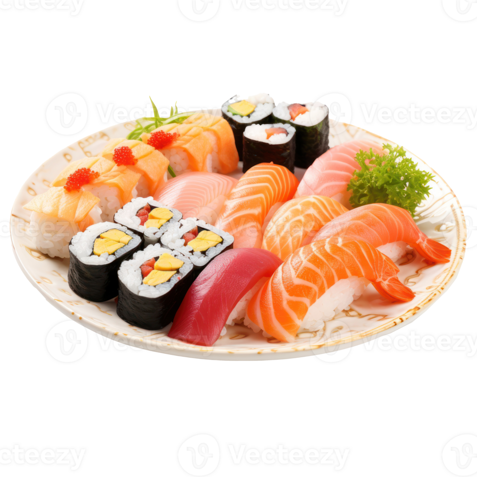 Sushi platter Assorted sushi rolls and sashimi on a platter. isolated png