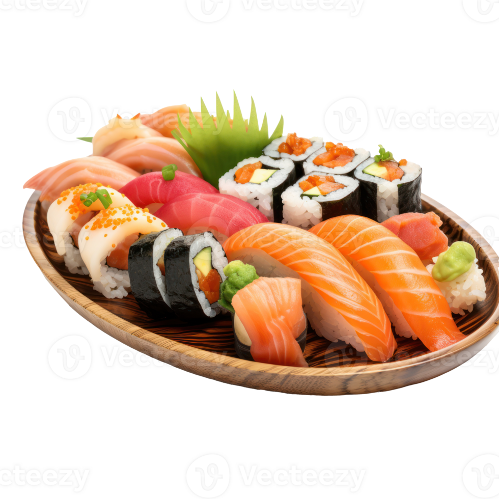 Sushi platter Assorted sushi rolls and sashimi on a platter. isolated png