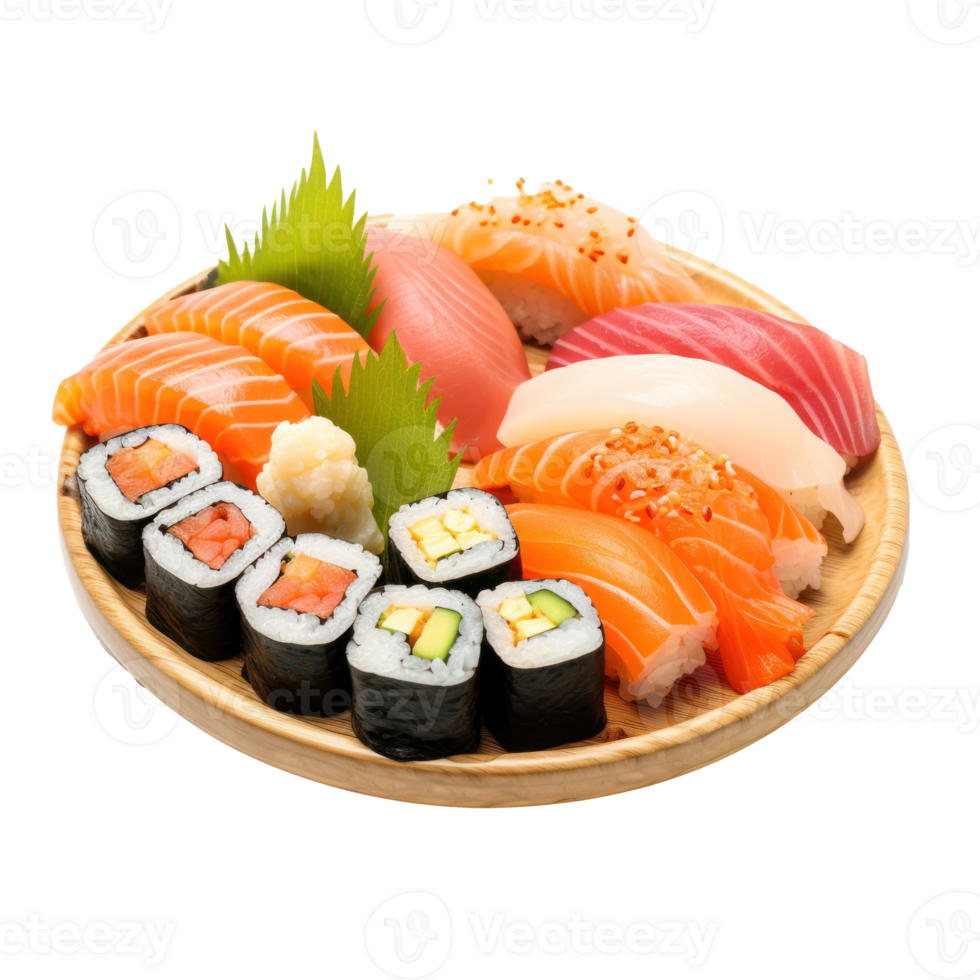 Sushi platter Assorted sushi rolls and sashimi on a platter. isolated png