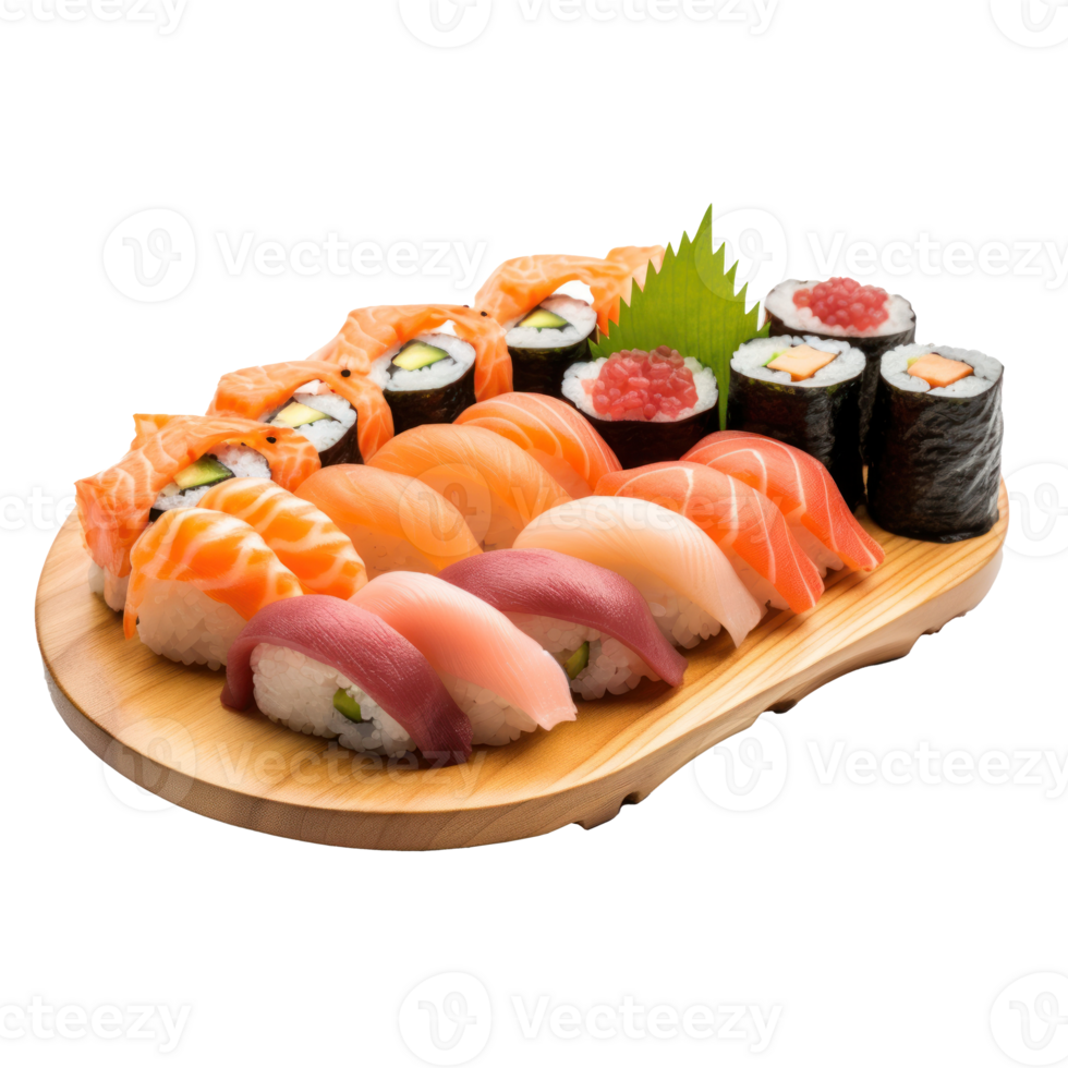 Sushi platter Assorted sushi rolls and sashimi on a platter. isolated png