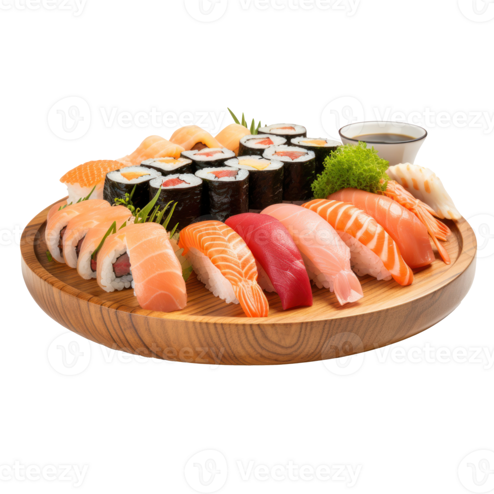 Sushi platter Assorted sushi rolls and sashimi on a platter. isolated png