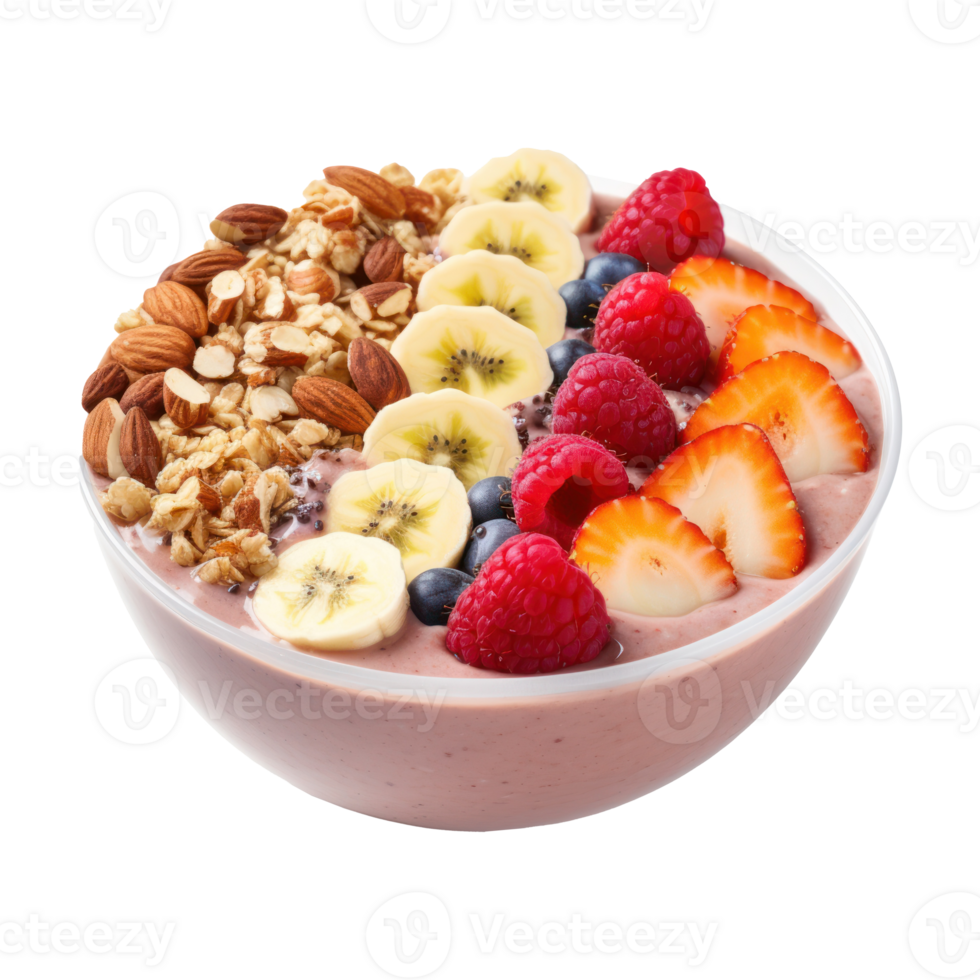 Smoothie bowl Thick smoothie topped with fruit, granola, and nuts. isolated png