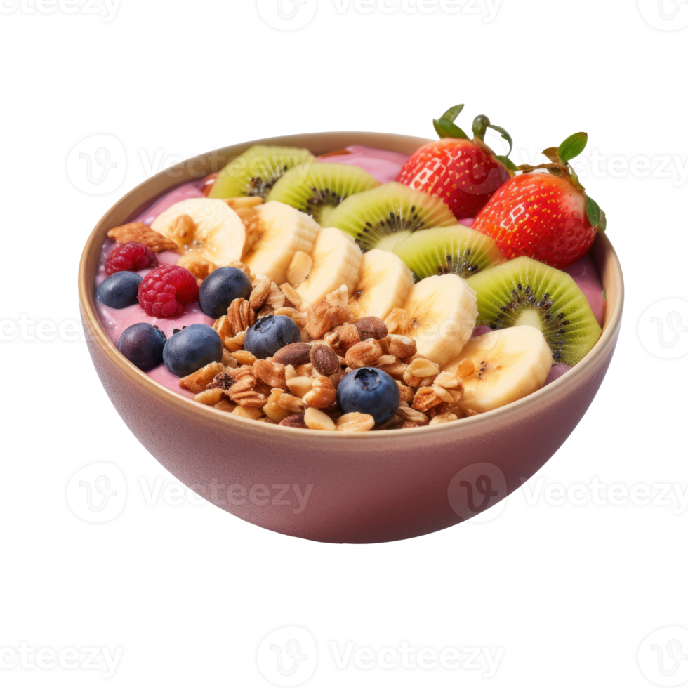 Smoothie bowl Thick smoothie topped with fruit, granola, and nuts. isolated png