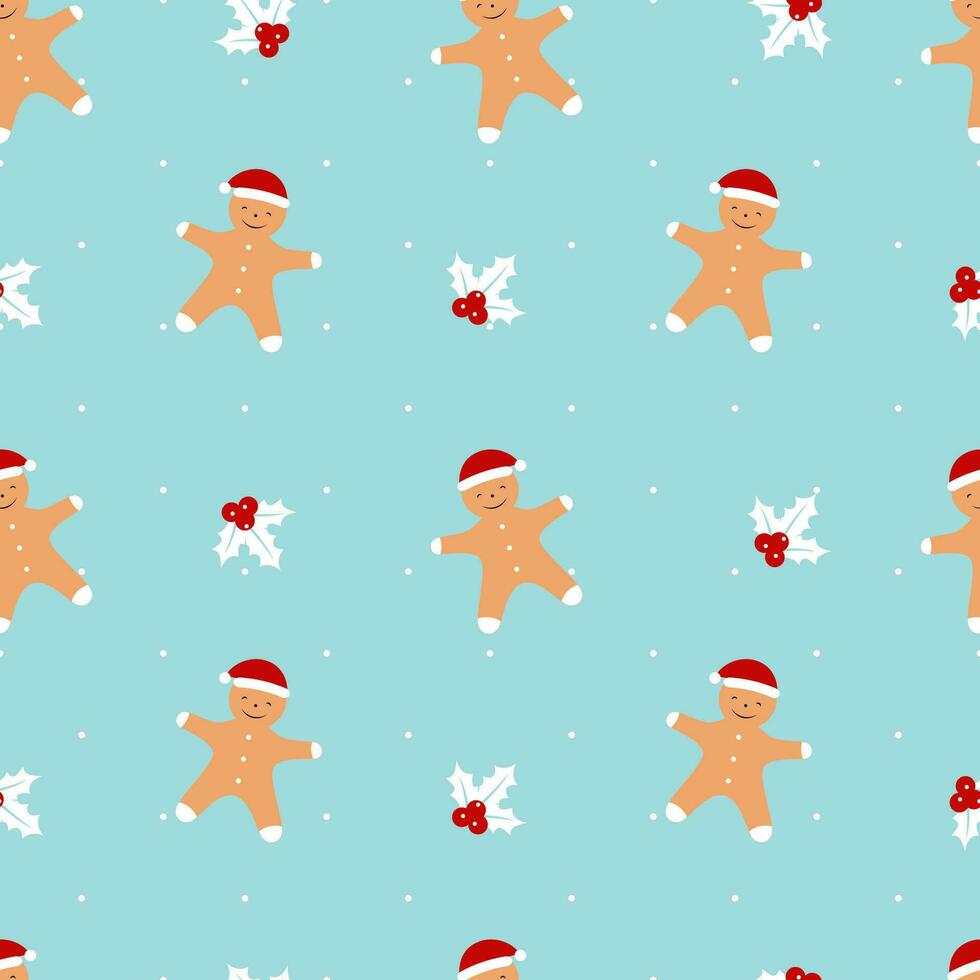 Pattern with gingerbread man cookie and holly berry on blue background. Vector illustration