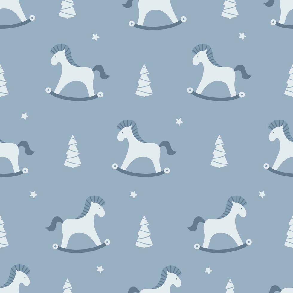 Seamless christmas pattern. Horse toy with christmas tree and stars vector