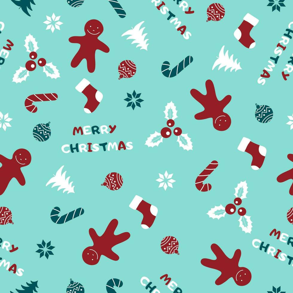 Seamless pattern with Christmas tree, candy, gingerbread man, holly berry. Vector flat design for wrapper, fabric, wallpaper.