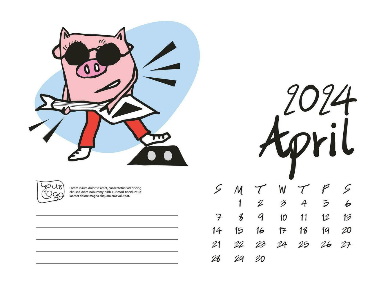 04-APRIL 2024 with pig cartoon vector