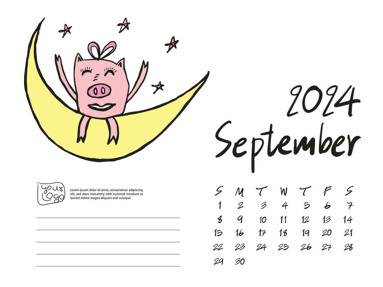 09-SEPTEMBER 2024 with pig cartoon vector