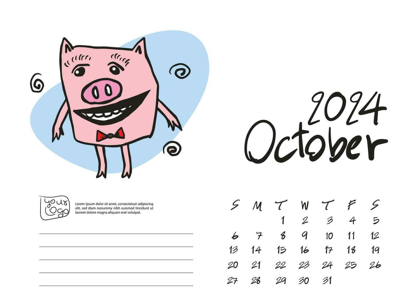 10-OCTOBER 2024 with pig cartoon vector