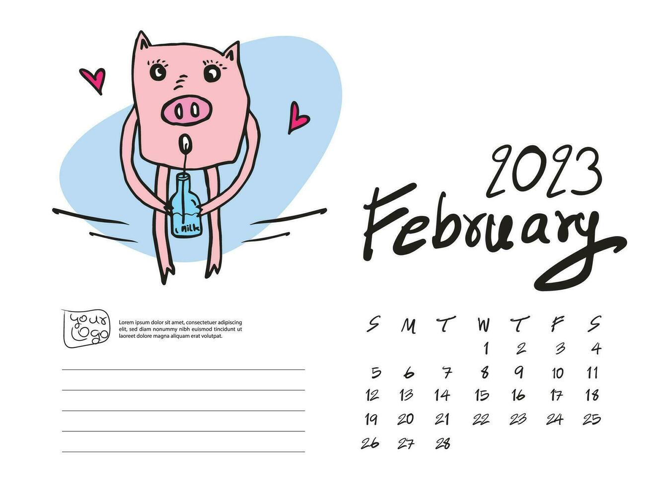 02-February 2023 with pig cartoon vector