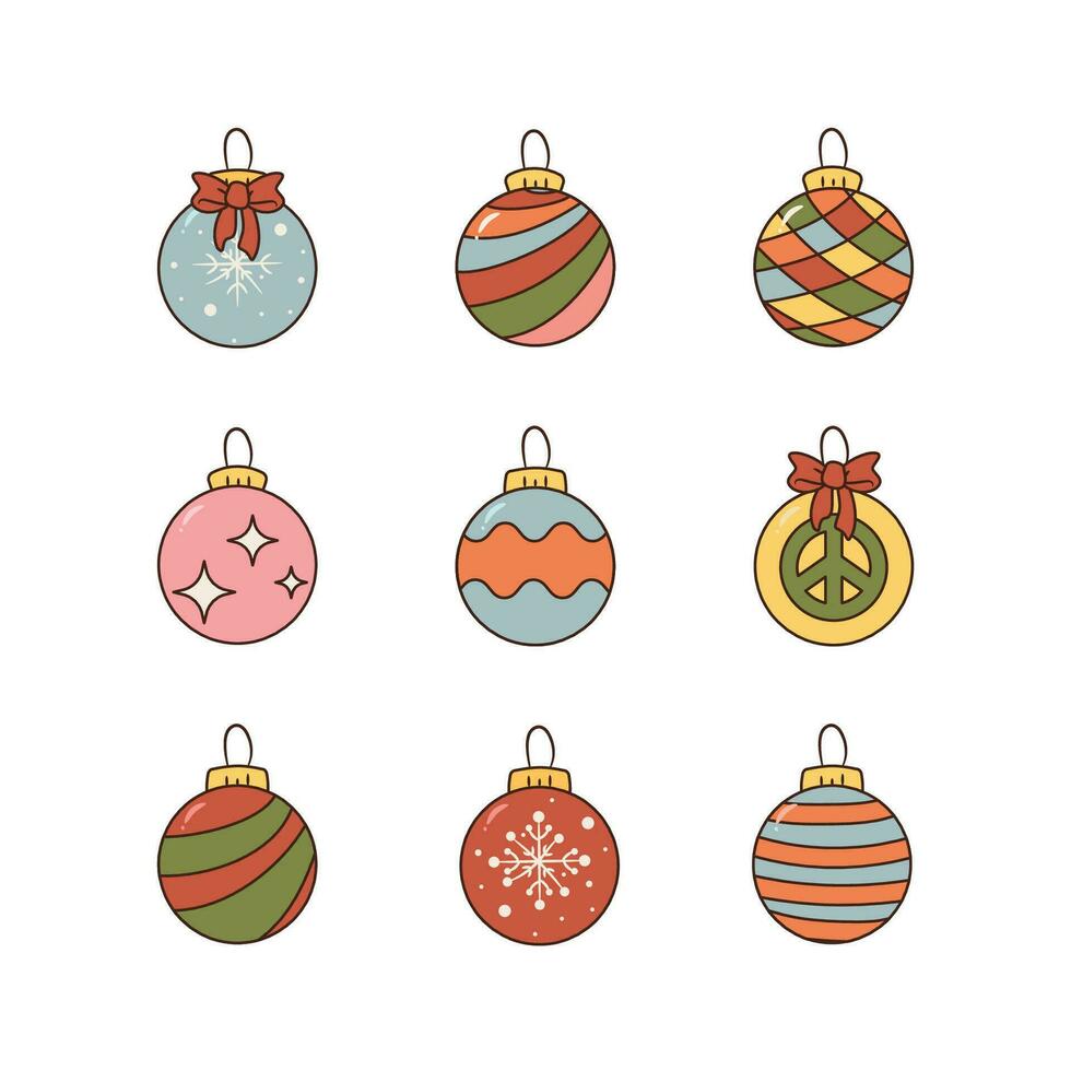 Vector set of Christmas Ornaments in Retro style. 9 elements for Christmas Tree Decor. Xmas illustrations for web compositions and for print