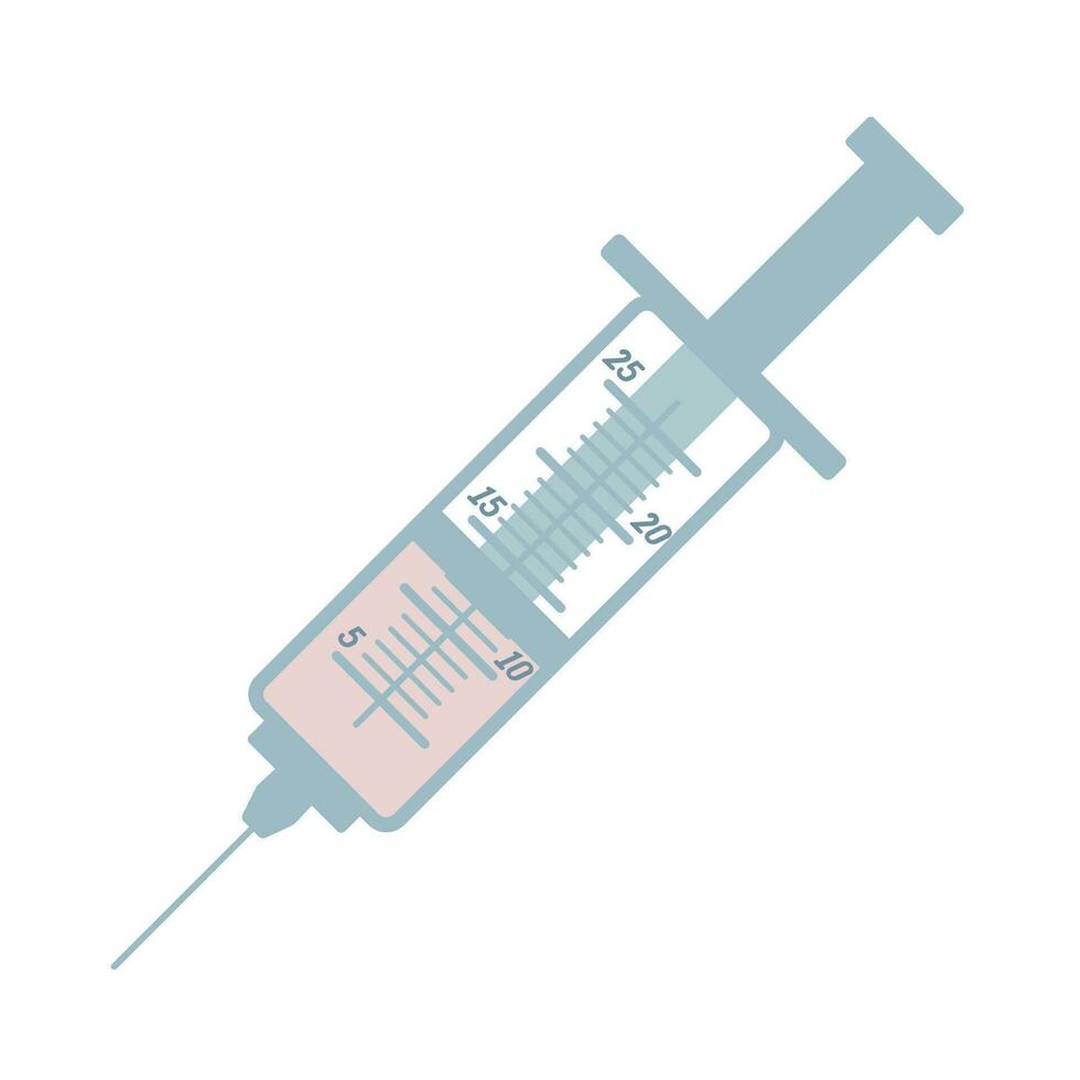 Vector medical syringe with scale and numbers. Isolated illustration of the symbol of pharmacy and vaccination in the flat style on a white background