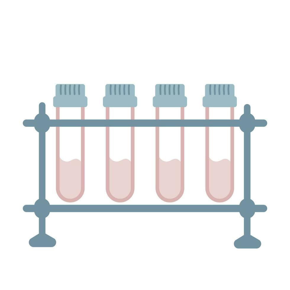 Vector test tube rack with four vials of liquid or blood and a lid. Isolated flat illustration