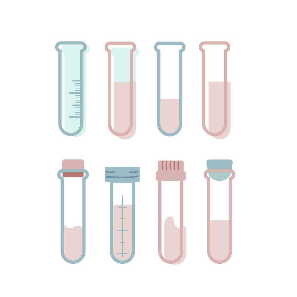 8 Vector scientific and medical laboratory test tubes illustrations. An empty bottle with scale and vials with liquid and blood, tubes with and without a lid. Isolated flat elements