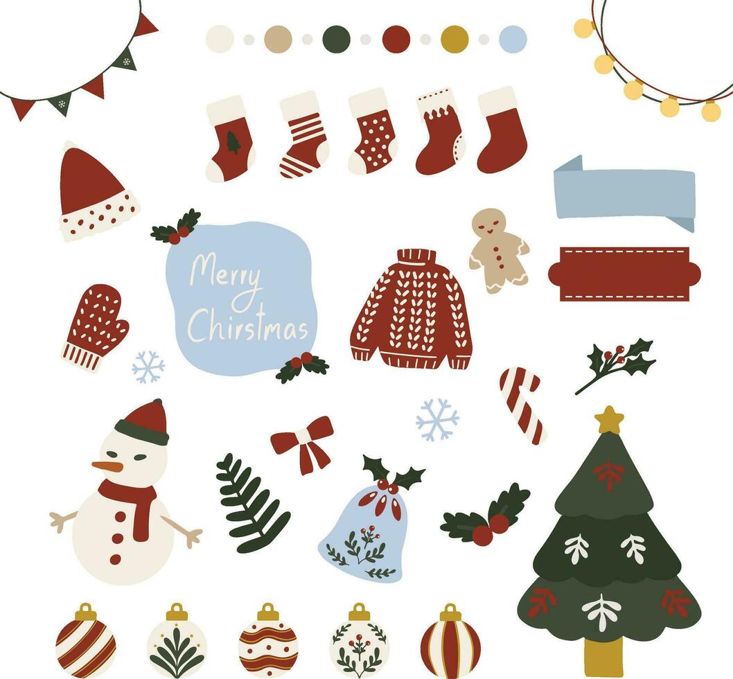 hand drawn vector flat illustration  of a set of christmas holiday sticker pack. Cute hygge motif elements doodle in flat style design