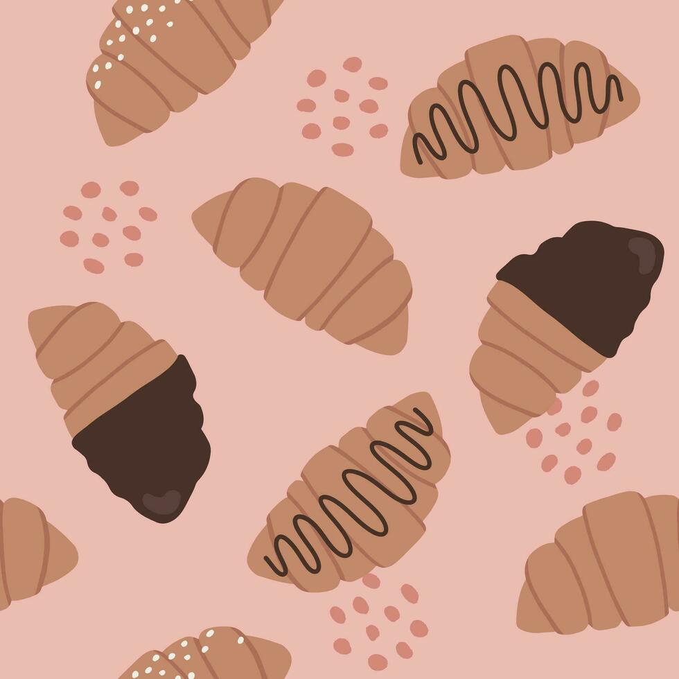 Hand drawn flat seamless pattern vector illustration of croissant bakery. Sweet breakfast pastry with sugar and chocolate toppings.For wallpaper, texture, background, gift wrap, print