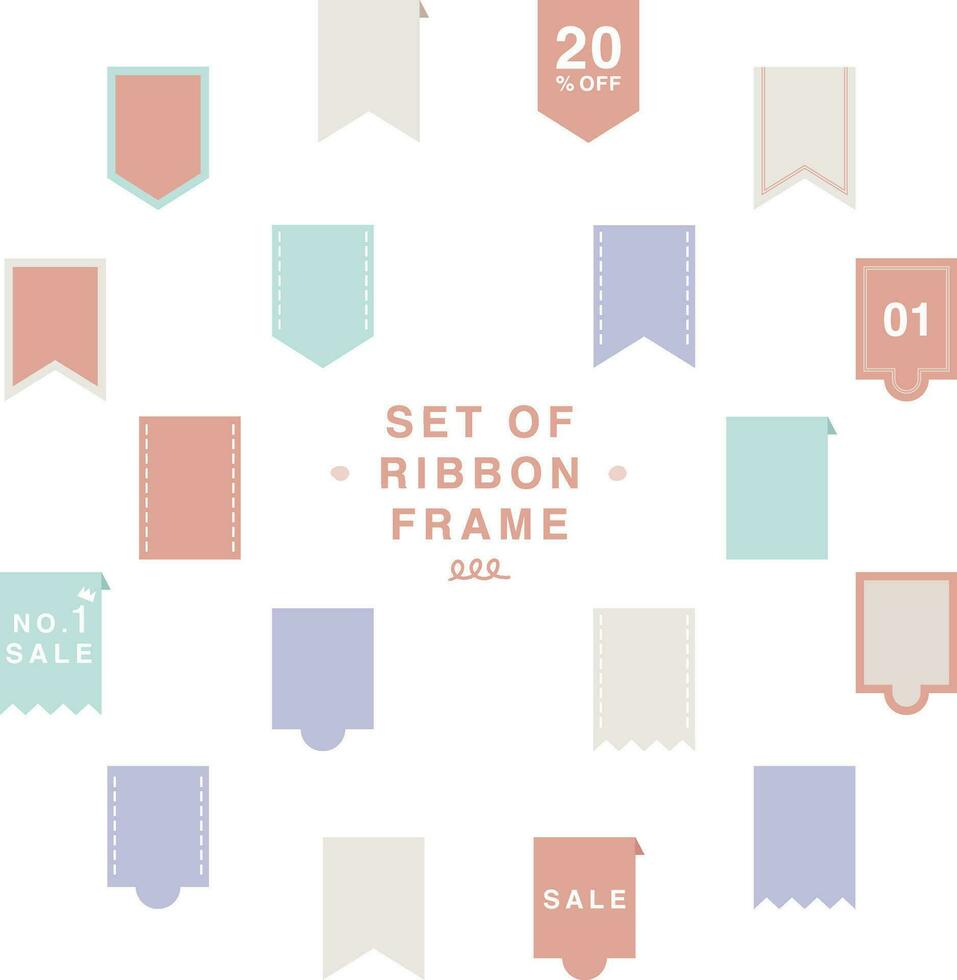 Compilation set of decorative flat pastel vector ribbon frame, memo and tag sticker. For banner, text space, social media, header, sticker, blog, diary