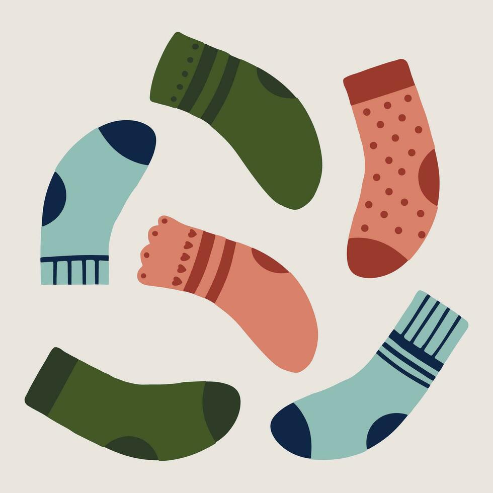 Hand drawn vector illustration of flat socks in different colors. Cute, winter holidays, bright modern concept. For wallpaper, texture, background, gift wrap, print