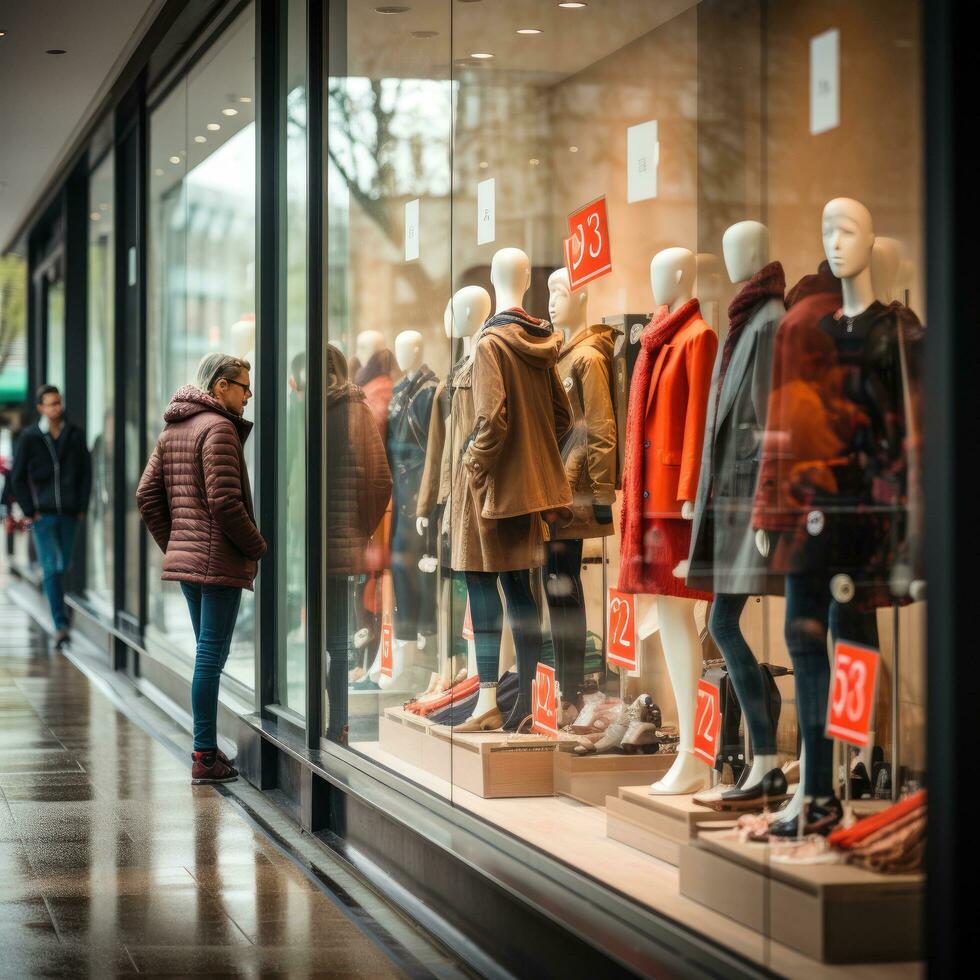 Discounts and sale signs displayed in front of a store window photo