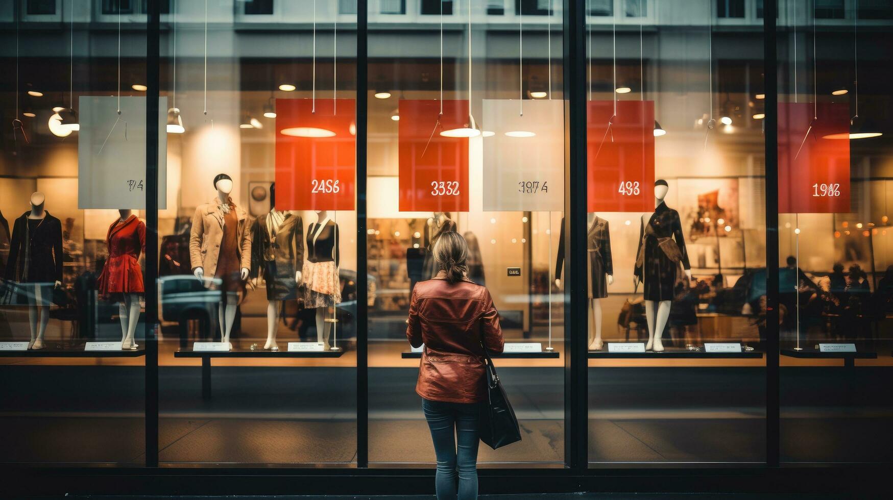 descuentos y rebaja señales desplegado en frente de un Tienda ventana foto