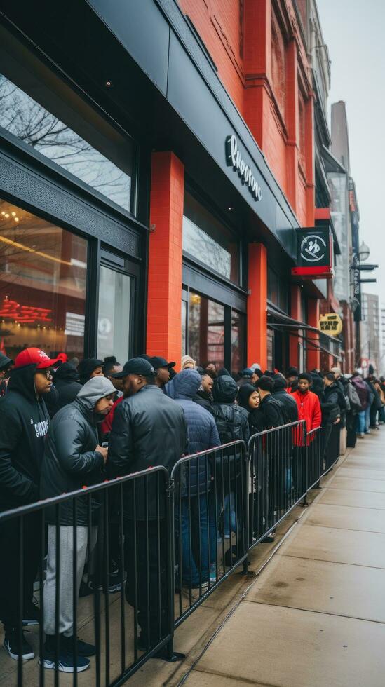 Long lines of people waiting outside a store before open photo