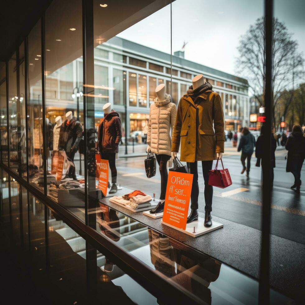 descuentos y rebaja señales desplegado en frente de un Tienda ventana foto