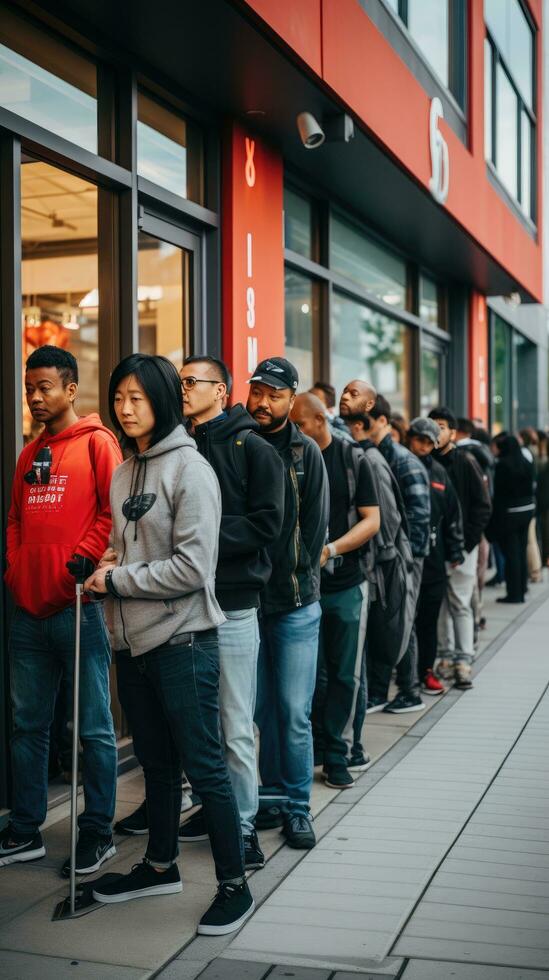 largo líneas de personas esperando fuera de un Tienda antes de abierto foto