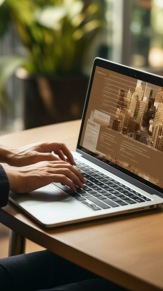 Close-up of hands typing on a laptop with discounts displayed photo