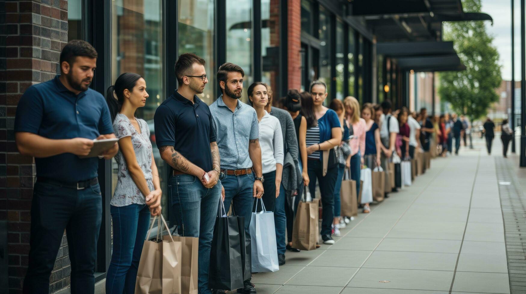 Long lines of people waiting outside a store before open photo