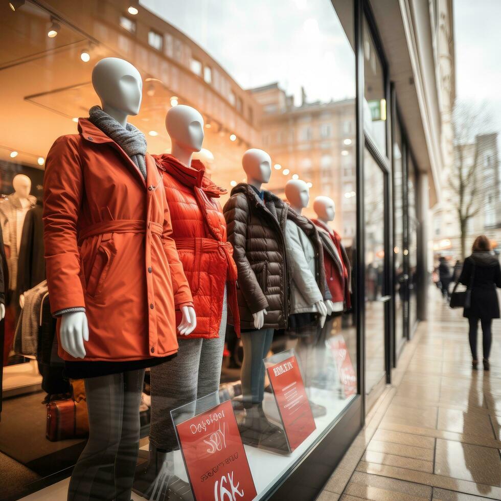 descuentos y rebaja señales desplegado en frente de un Tienda ventana foto