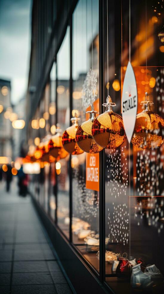 Discounts and sale signs displayed in front of a store window photo