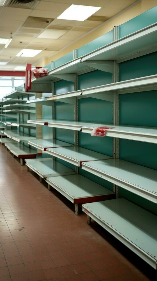 Empty shelves with sale signs in a grocery store photo