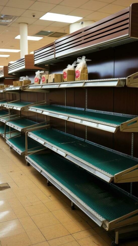 Empty shelves with sale signs in a grocery store photo