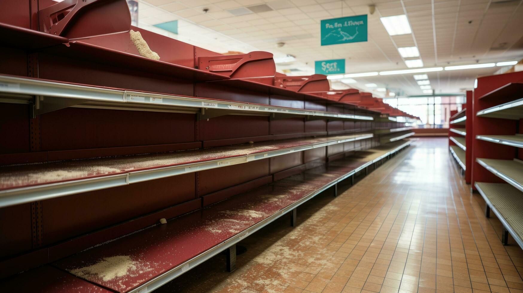 Empty shelves with sale signs in a grocery store photo