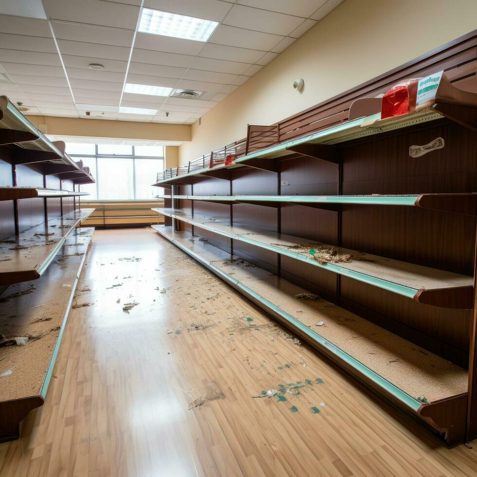 Empty shelves with sale signs in a grocery store photo
