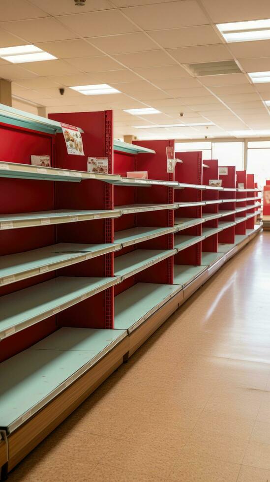 Empty shelves with sale signs in a grocery store photo