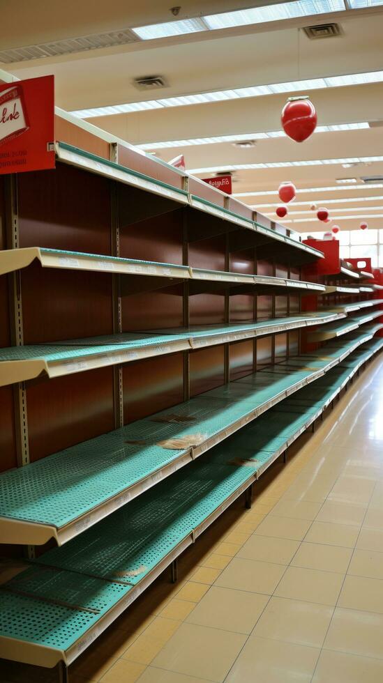 Empty shelves with sale signs in a grocery store photo