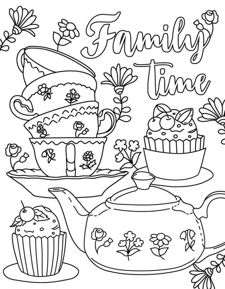 Autumn vibes. Fall season aesthetics. Tea, Pumpkin spice, rainy city. Hand drawing coloring page for kids and adults. Beautiful drawing with patterns and small details. Coloring book pictures. Vector
