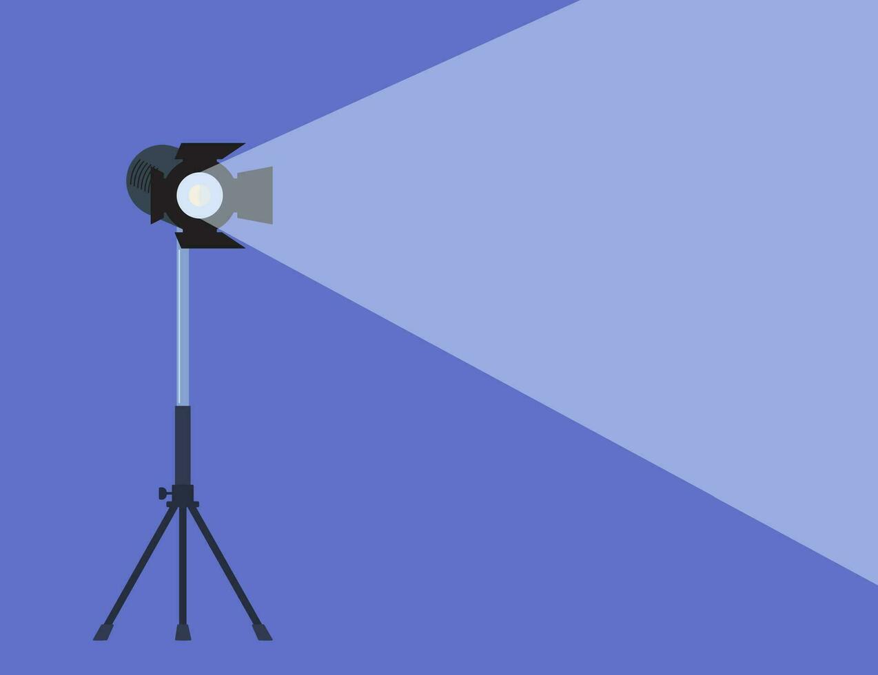 Cinema spotlight. Lamp projector on a tripod with scattered rays. Light source, studio lighting. Equipment for filming. Vector illustration.