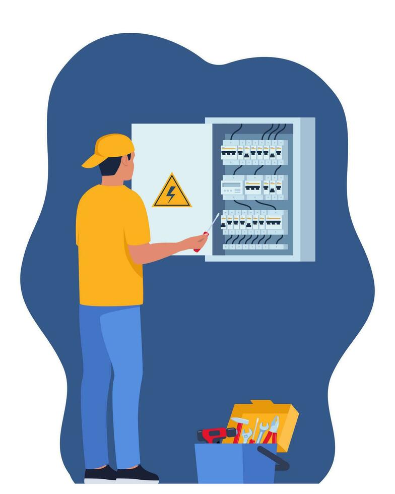 Electrician worker check and repair electrical switchboard. Home Repairman, Electrical Safety Concept. Vector illustration.