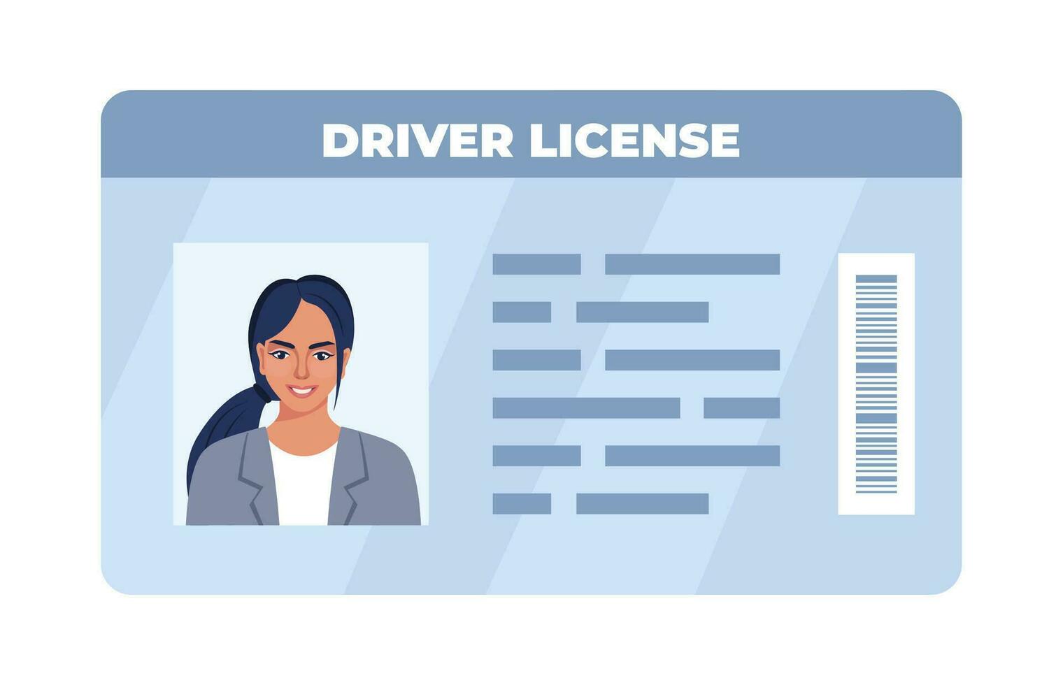 Driver License ID card. Personal info data. Identification document with person photo. User or profile card. Driver's license. Flat style. Vector illustration.