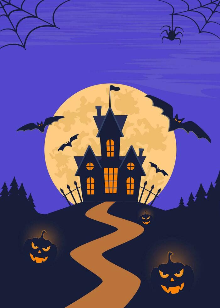 cartel de halloween, folleto de invitación de fiesta de miedo, pancarta. castillo oscuro, luna, murciélagos, tumbas, lápidas, cruces, árbol, búho, calabazas. Ilustración de vector de noche de Halloween.