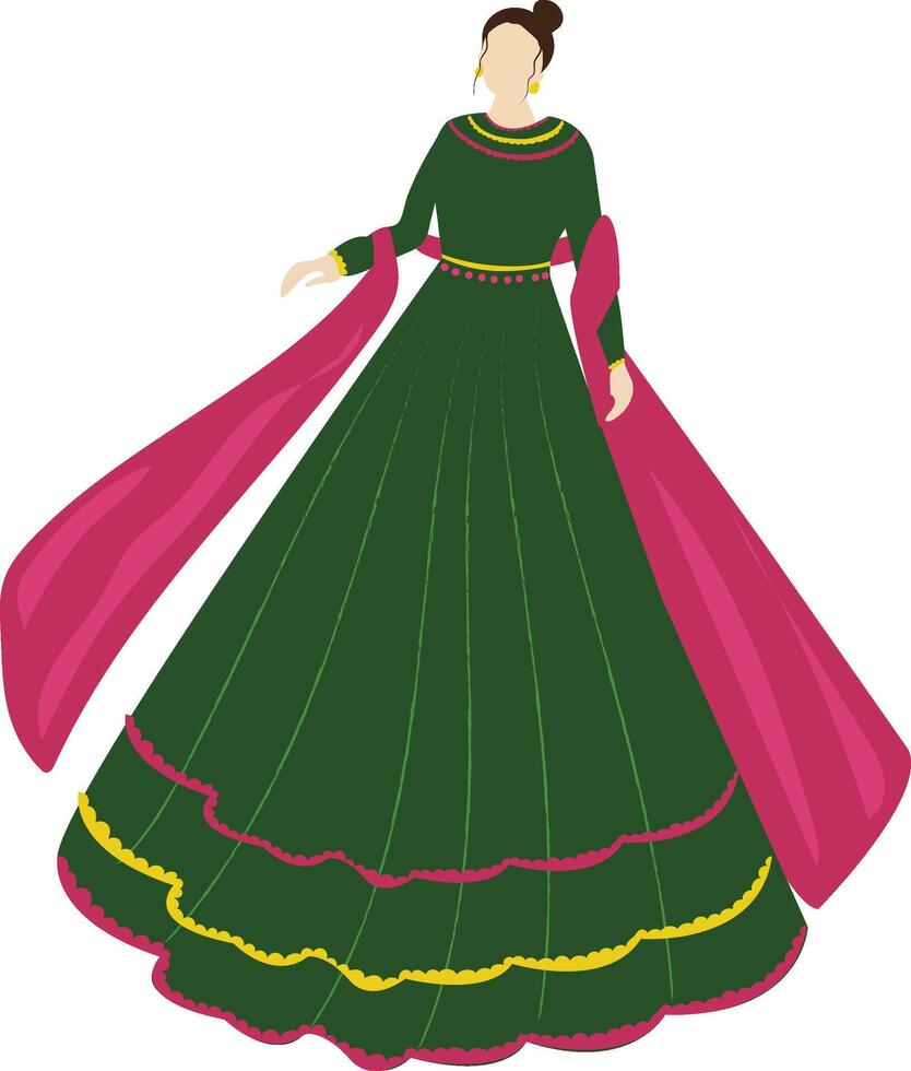 Girl illustration wearing Indian dress for sangeet invite, engagement invite. wedding invite vector