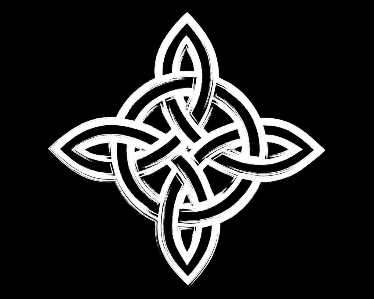 The Witch's Knot, Wicca symbol, Power of four elements, paint brush stroke style, white grunge celtic cross vector graphic design isolated on black background