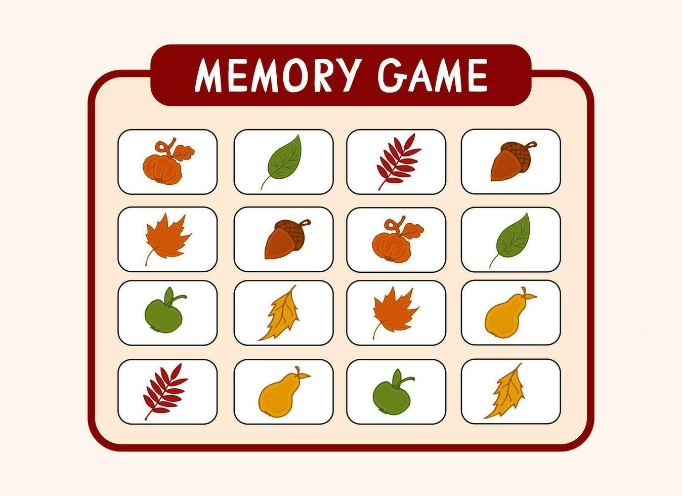 Memory card game. Children Development. Autumn leaves and harvest. Vector baby educational card.