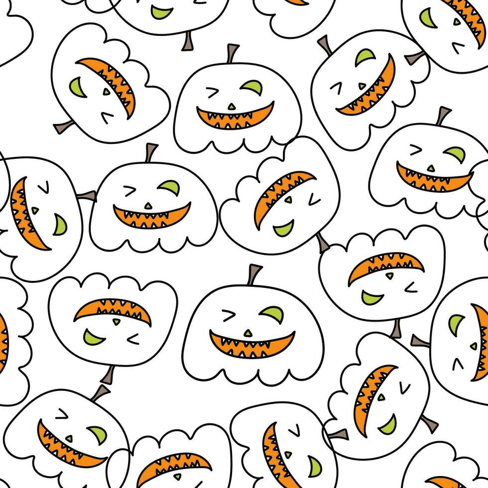 Seamless pattern with Halloween pumpkins. Jack orange lantern drawn with carved faces in doodle vector